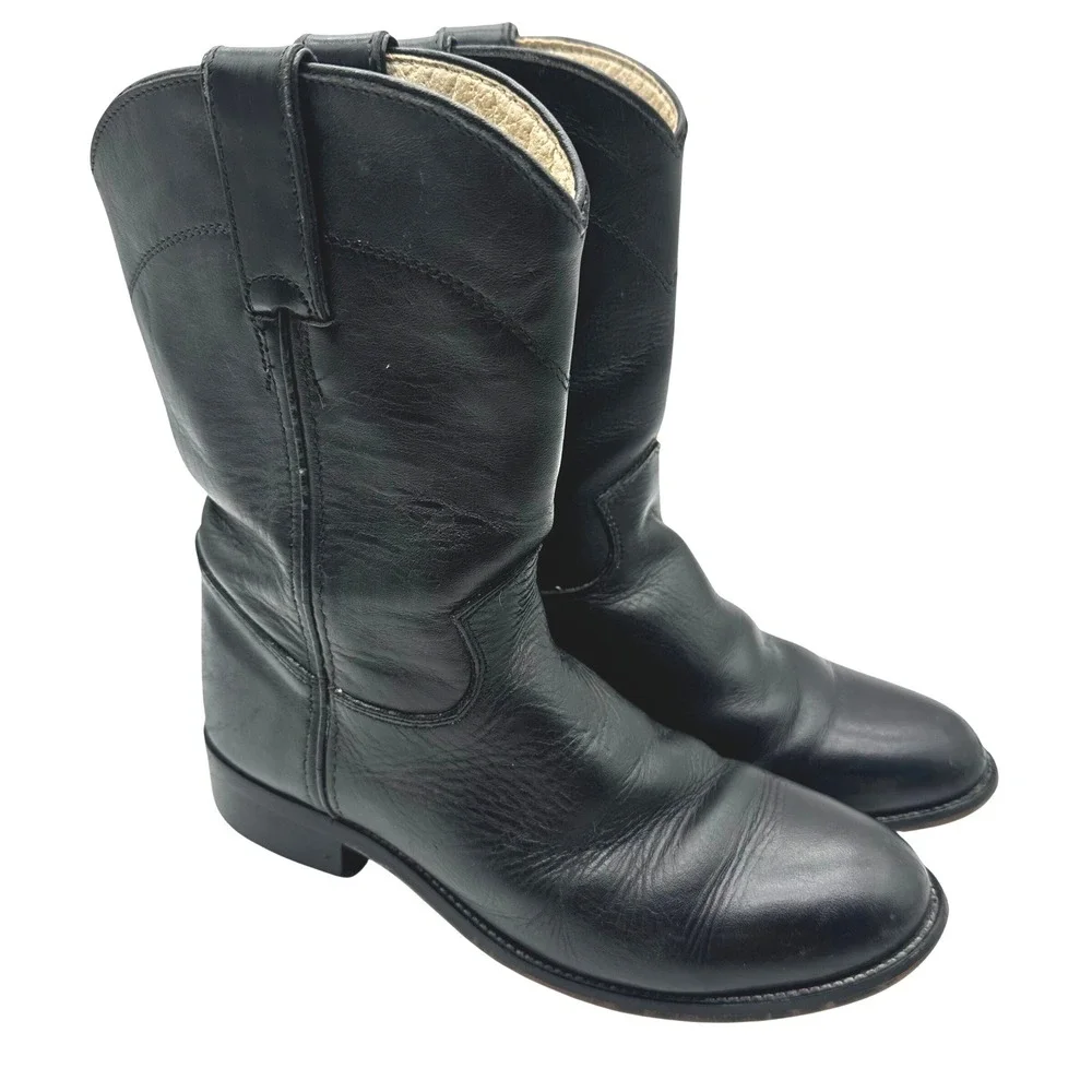 Justin Boys Kids Black Leather Western Cowboy Roper Boots Size 2.5 D
